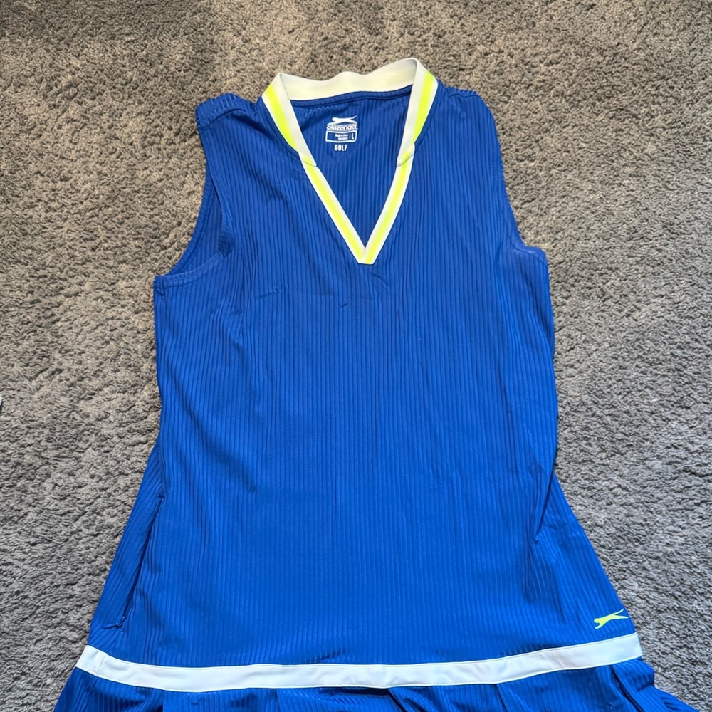 Slazenger V-Neck Ribbed Mini Golf Dress with shorts in blue and white